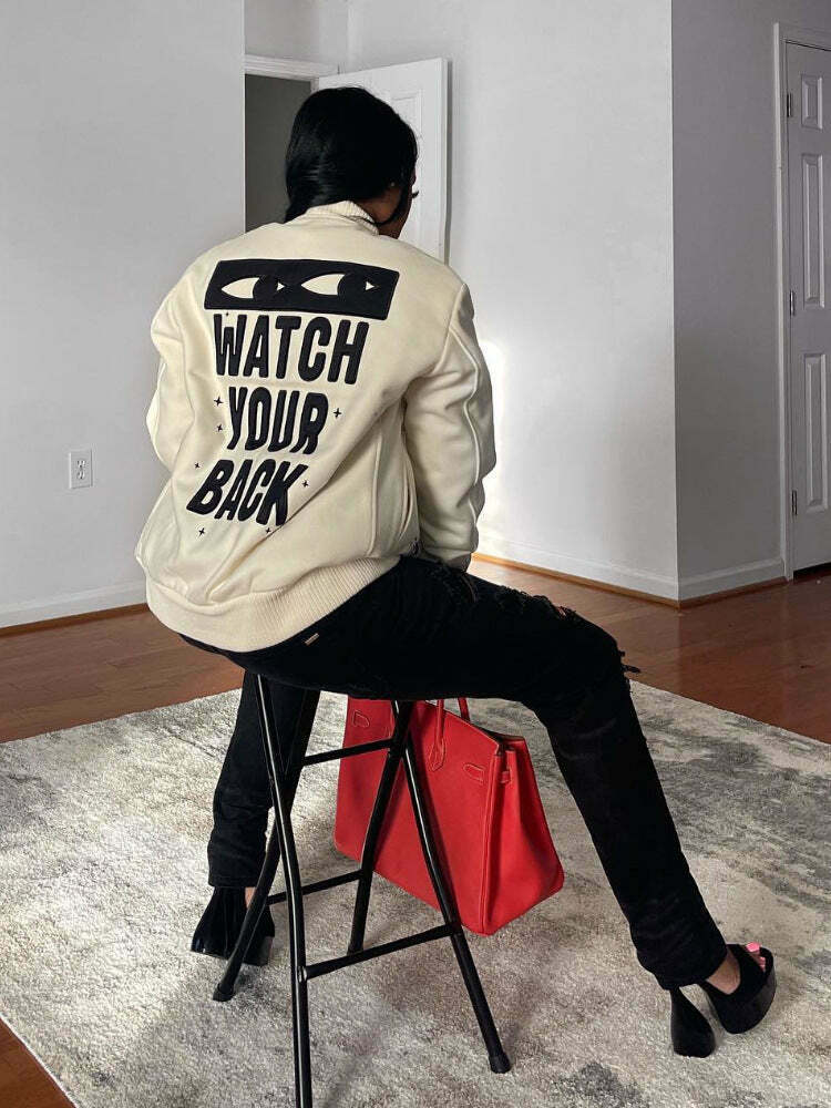 Y2K Aesthetic Printed Baseball Jacket for Women - Coquette & Grunge Style Cargo Skirt Outfit