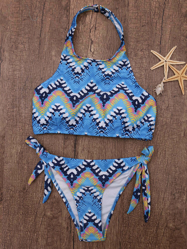 Y2K Aesthetic Printed Flower High Neck Halter Striped Bikini - Women's Fashion