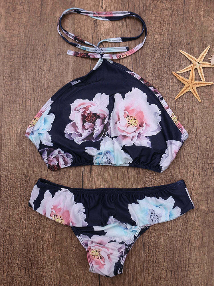 Y2K Aesthetic Printed Halter Bikini Set for Women - Coquette Style Swimwear