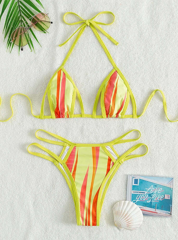 Y2K Aesthetic Printed Halter Swimsuit for Niche Women Fashion