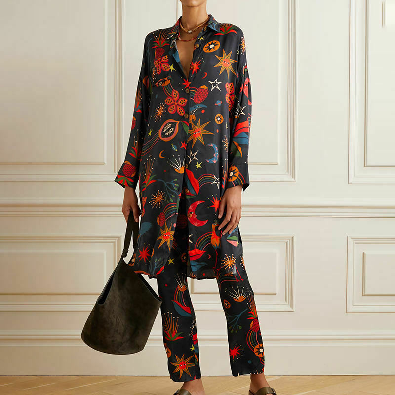 Y2K Aesthetic Printed Satin Pajama Casual Suit for Women - Coquette & Grunge Style Outfit