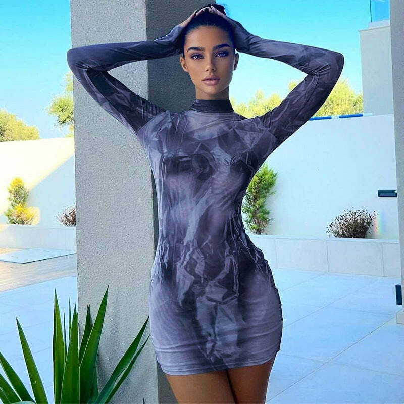 Y2K Aesthetic Printed Slim Round Neck Hip Dress - Coquette Style Grunge Fashion
