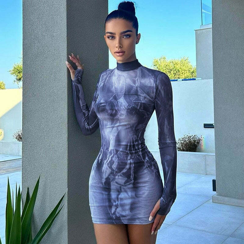 Y2K Aesthetic Printed Slim Round Neck Hip Dress - Coquette Style Grunge Fashion
