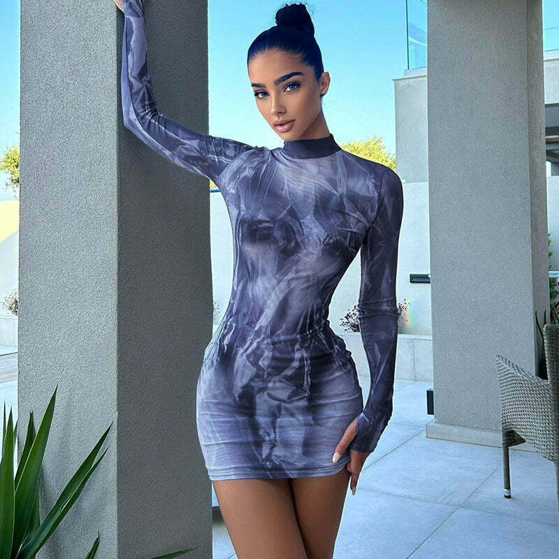 Y2K Aesthetic Printed Slim Round Neck Hip Dress - Coquette Style Grunge Fashion
