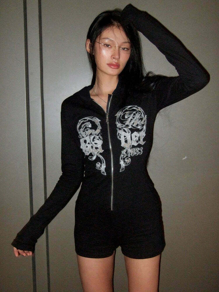 Y2K Aesthetic Printed Street Style Hooded Jumpsuit for Women - Coquette & Grunge Fashion