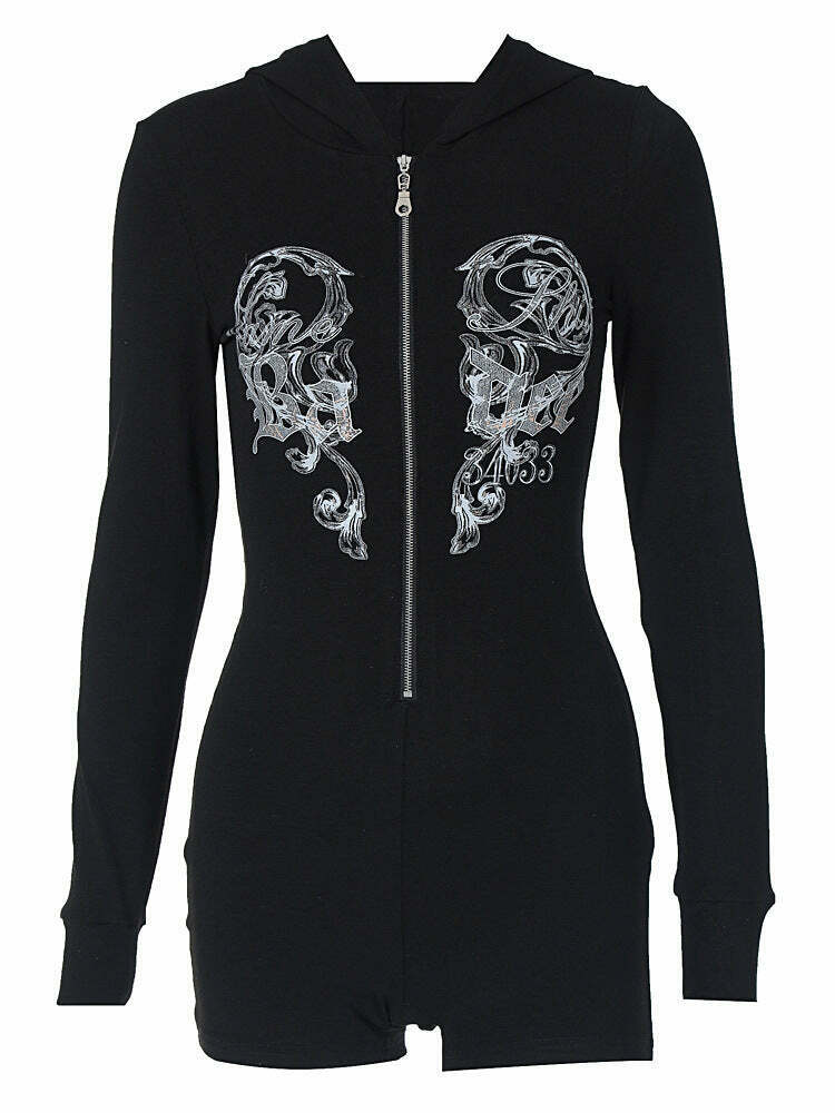 Y2K Aesthetic Printed Street Style Hooded Jumpsuit for Women - Coquette & Grunge Fashion