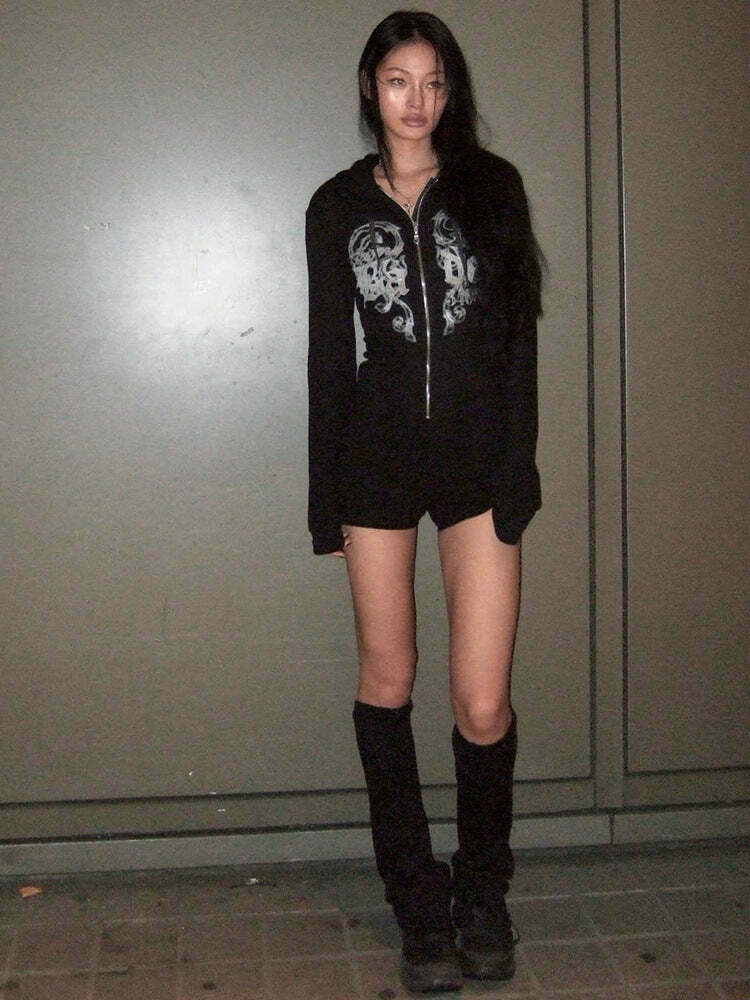 Y2K Aesthetic Printed Street Style Hooded Jumpsuit for Women - Coquette & Grunge Fashion