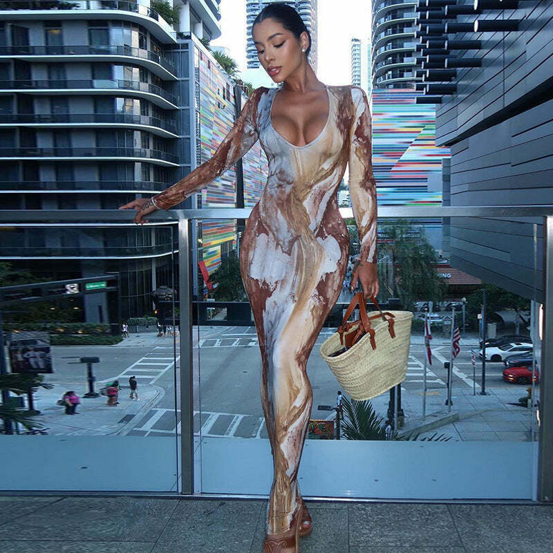 Y2K Aesthetic Printed V-Neck Slim Long Dress for Women - Coquette & Grunge Style Fashion