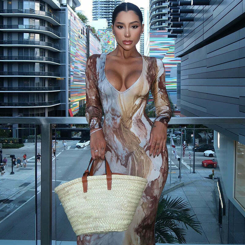 Y2K Aesthetic Printed V-Neck Slim Long Dress for Women - Coquette & Grunge Style Fashion