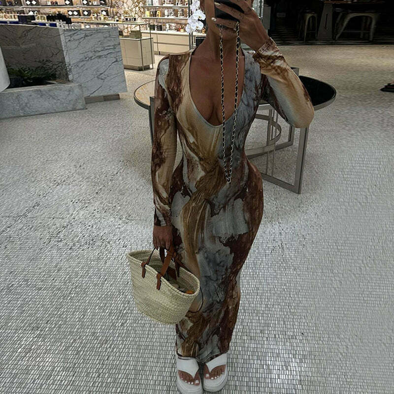 Y2K Aesthetic Printed V-Neck Slim Long Dress for Women - Coquette & Grunge Style Fashion