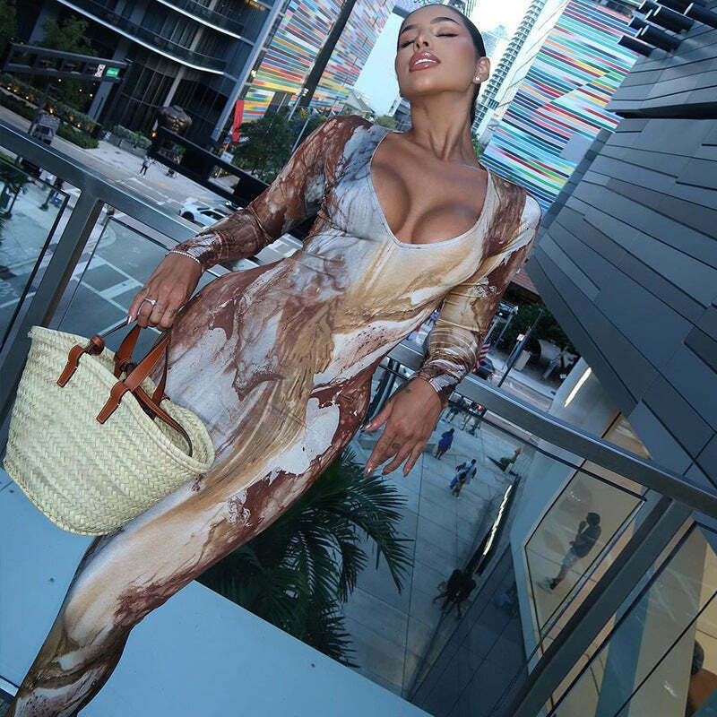 Y2K Aesthetic Printed V-Neck Slim Long Dress for Women - Coquette & Grunge Style Fashion