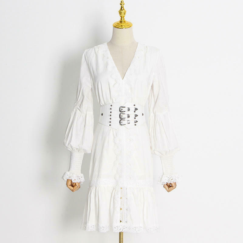 Y2K Aesthetic Puff Sleeve Ruffled Waist V Neck Dress for Women - Coquette & Grunge Style