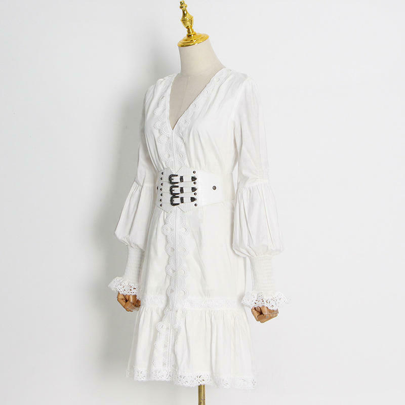 Y2K Aesthetic Puff Sleeve Ruffled Waist V Neck Dress for Women - Coquette & Grunge Style