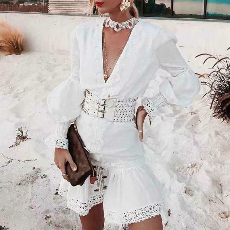 Y2K Aesthetic Puff Sleeve Ruffled Waist V Neck Dress for Women - Coquette & Grunge Style