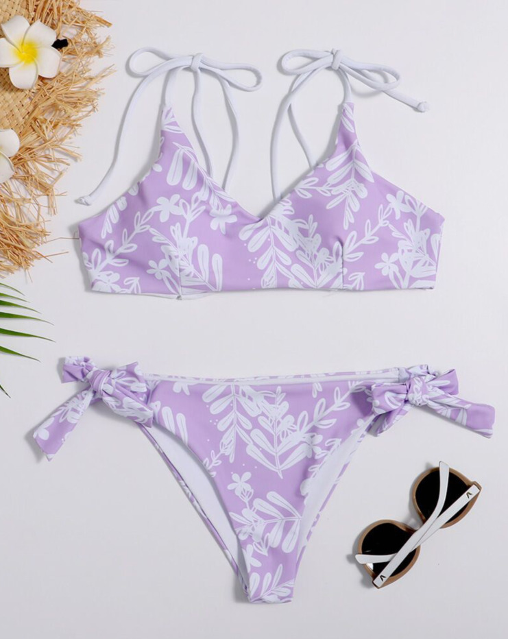 Y2K Aesthetic Purple Floral High Leg Bikini Set - Coquette Style Swimwear for Women