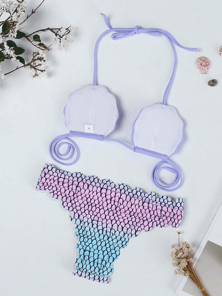 Y2K Aesthetic Purple Shell Wave Halter String Backless Bikini Swimsuit