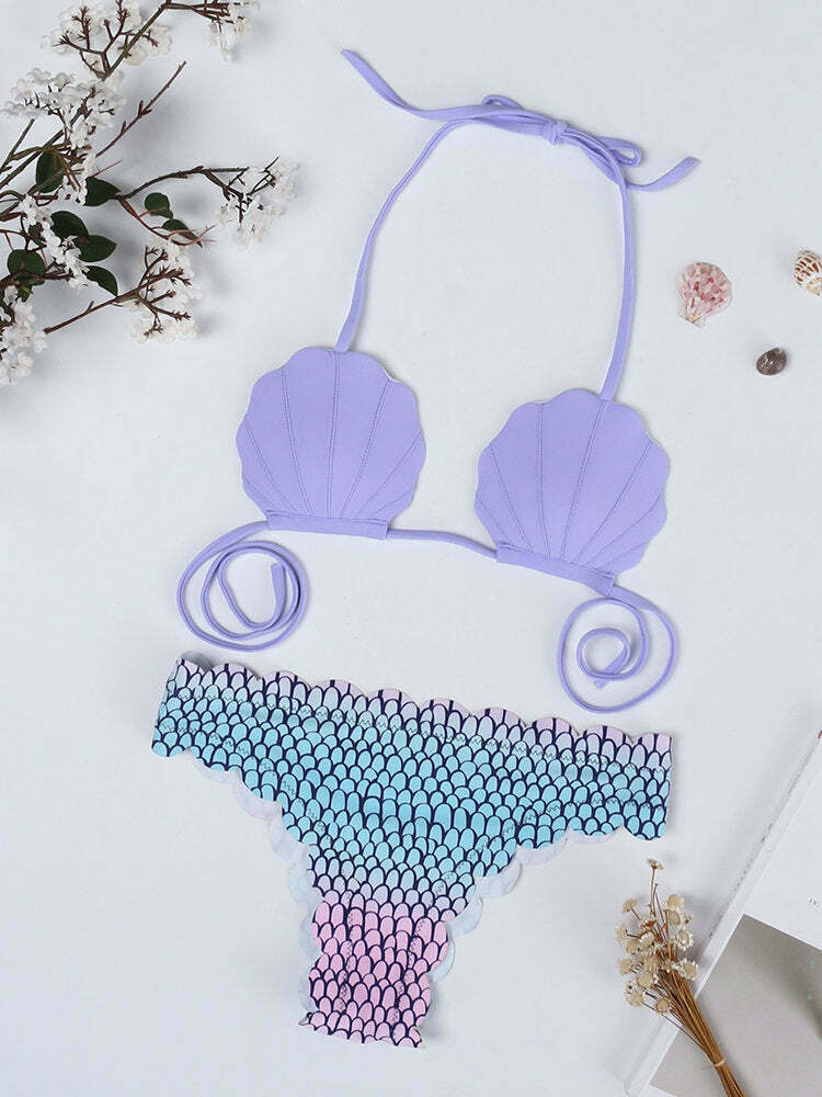 Y2K Aesthetic Purple Shell Wave Halter String Backless Bikini Swimsuit