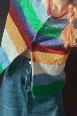 Y2K Aesthetic Rainbow Stripe Cardigan - Coquette & Grunge Style, Cute Tops, Pastel Goth, Cargo Skirt
