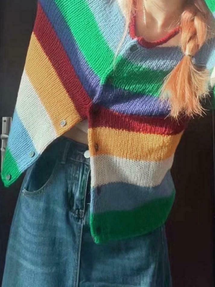 Y2K Aesthetic Rainbow Stripe Cardigan - Coquette & Grunge Style, Cute Tops, Pastel Goth, Cargo Skirt