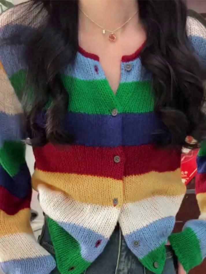 Y2K Aesthetic Rainbow Stripe Cardigan - Coquette & Grunge Style, Cute Tops, Pastel Goth, Cargo Skirt
