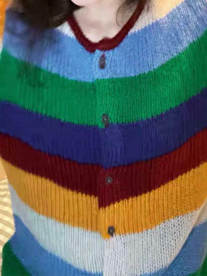Y2K Aesthetic Rainbow Stripe Cardigan - Coquette & Grunge Style, Cute Tops, Pastel Goth, Cargo Skirt