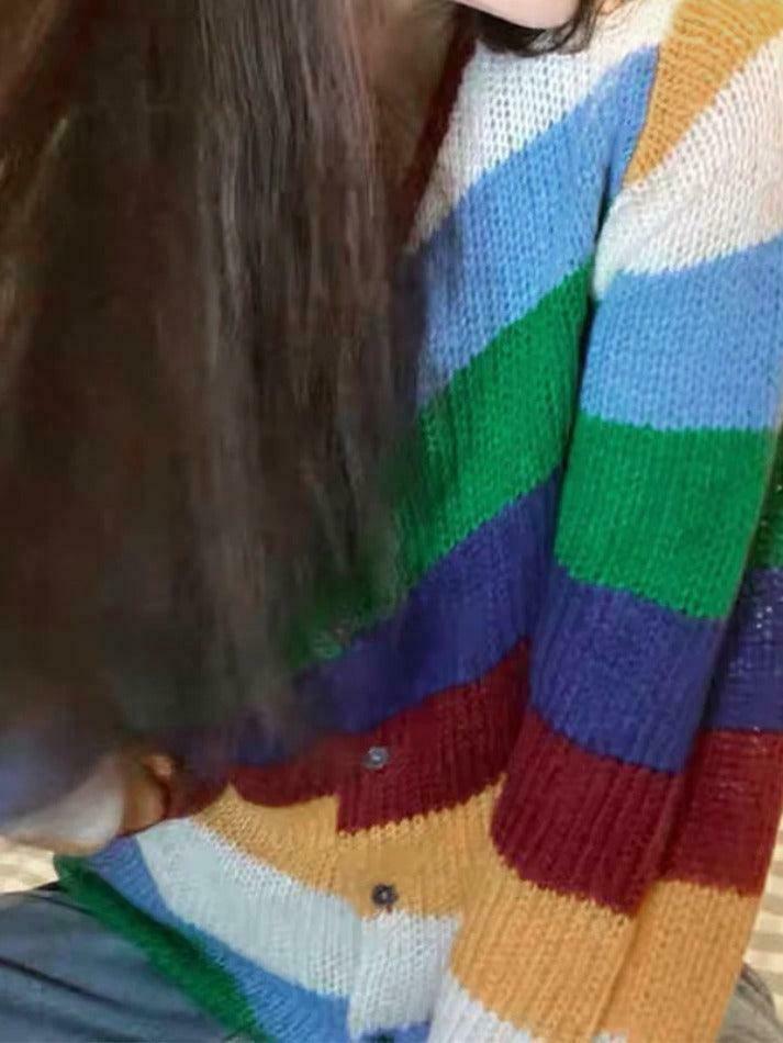 Y2K Aesthetic Rainbow Stripe Cardigan - Coquette & Grunge Style, Cute Tops, Pastel Goth, Cargo Skirt