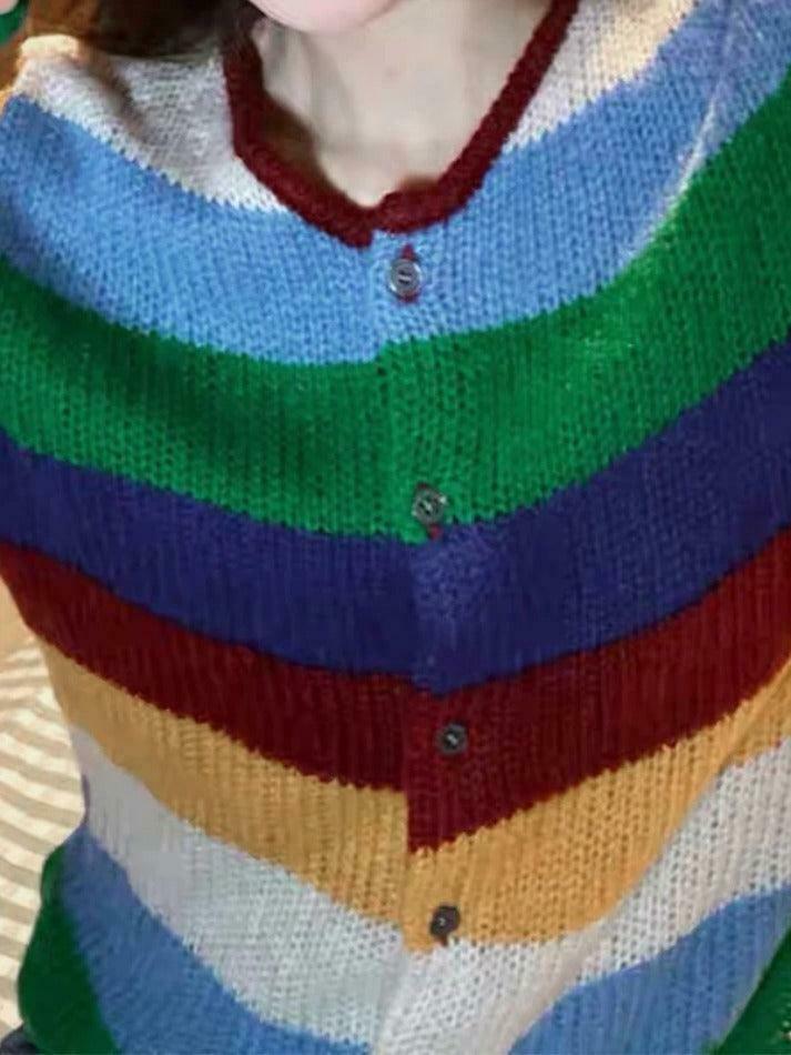Y2K Aesthetic Rainbow Stripe Cardigan - Coquette & Grunge Style, Cute Tops, Pastel Goth, Cargo Skirt