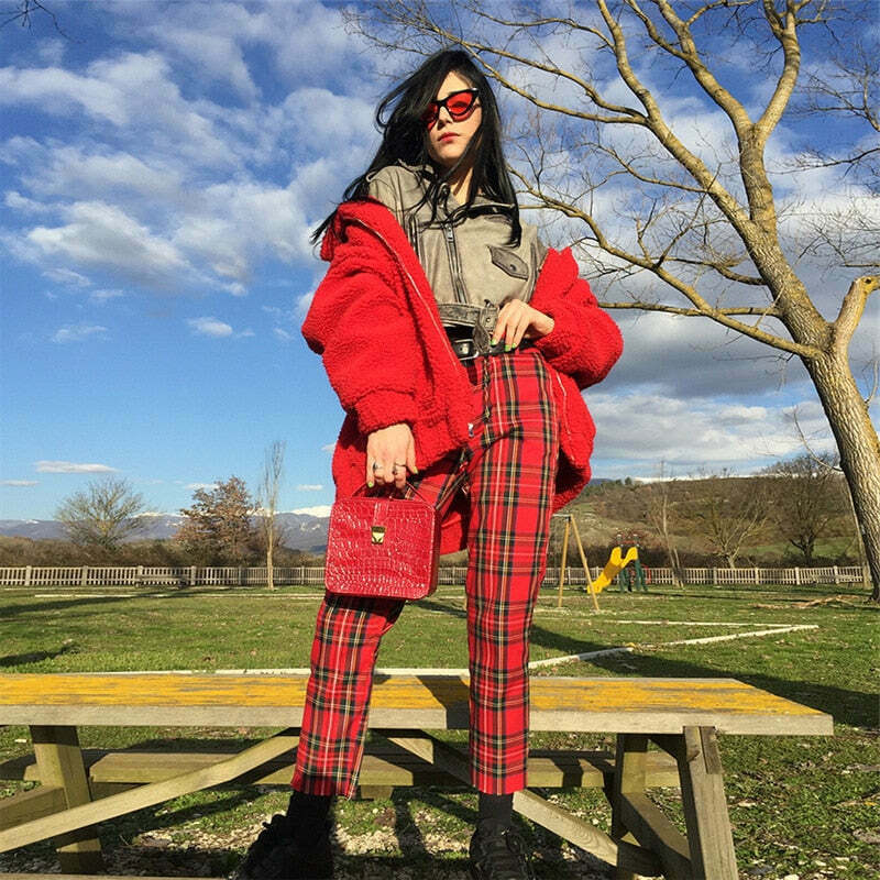 Y2K Aesthetic Red Plaid Cargo Skirt - Coquette Grunge Fashion for Women