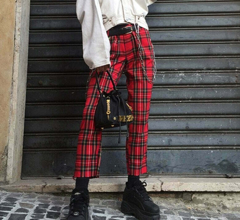 Y2K Aesthetic Red Plaid Cargo Skirt - Coquette Grunge Fashion for Women