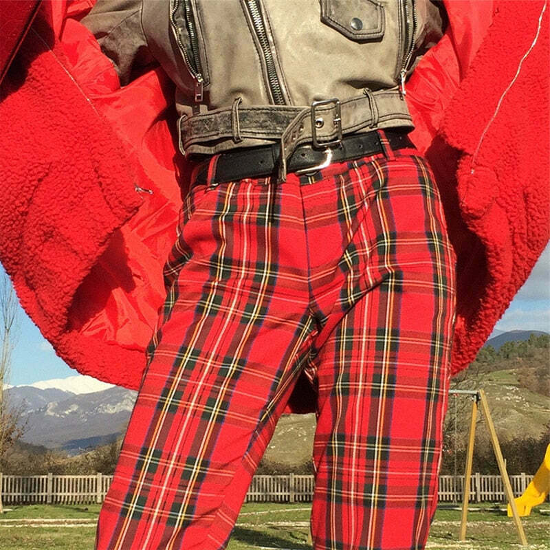 Y2K Aesthetic Red Plaid Cargo Skirt - Coquette Grunge Fashion for Women