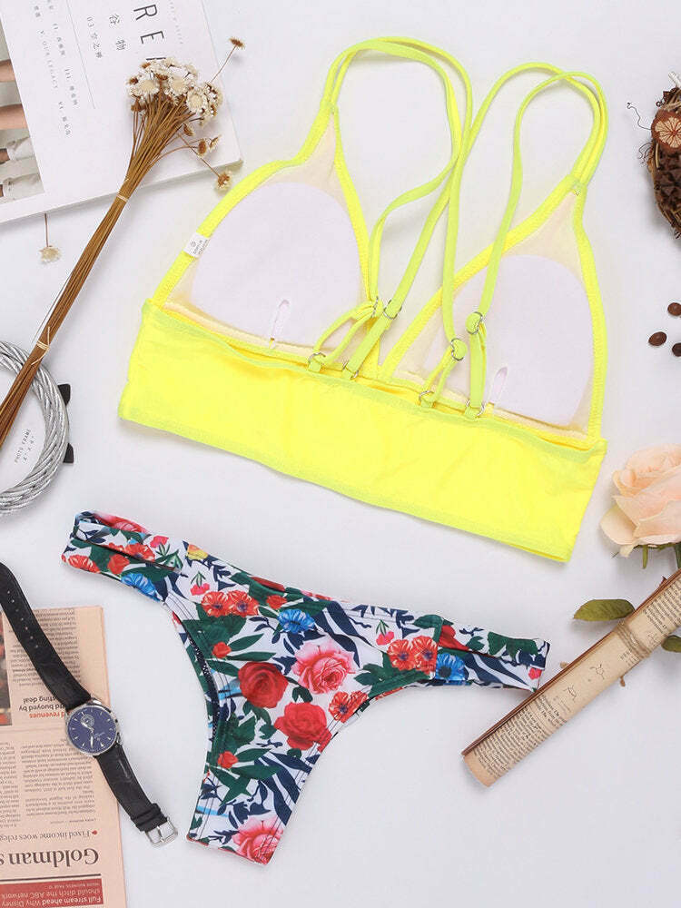 Y2K Aesthetic Retro Double Straps Criss Cross Backless Printed Bikinis Swimwear