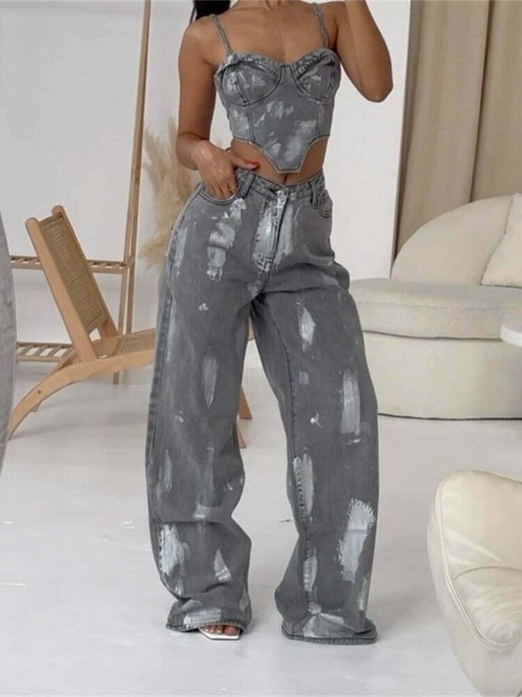 Y2K Aesthetic Retro Jeans Loose Straight Two-Piece Set for Niche Women Fashion