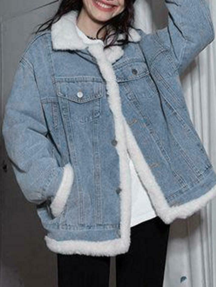 Y2K Aesthetic Reversible Denim Fleece Jacket - Coquette Style & Grunge Vibes
