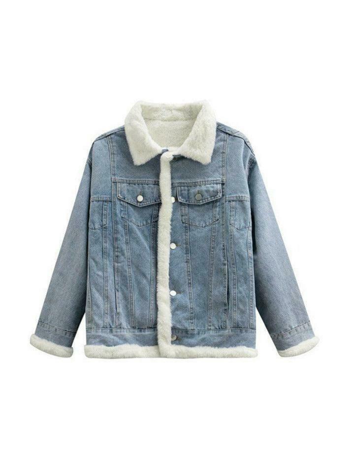 Y2K Aesthetic Reversible Denim Fleece Jacket - Coquette Style & Grunge Vibes