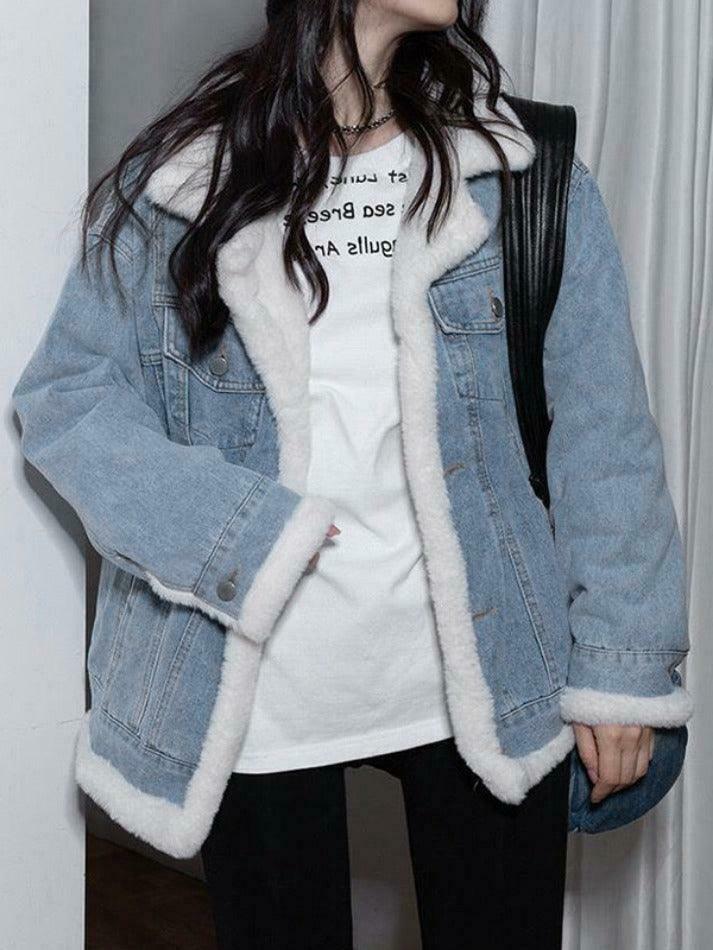 Y2K Aesthetic Reversible Denim Fleece Jacket - Coquette Style & Grunge Vibes