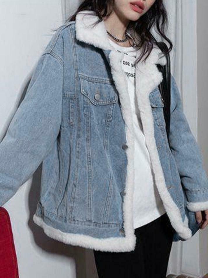 Y2K Aesthetic Reversible Denim Fleece Jacket - Coquette Style & Grunge Vibes