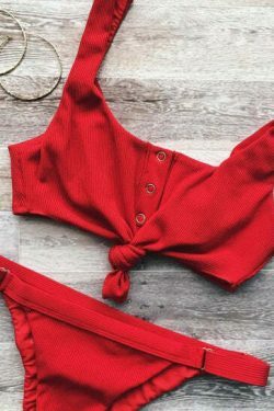 Y2K Aesthetic Ribbed Bikini Set with Sexy Knotted Scoop - Women's Fashion