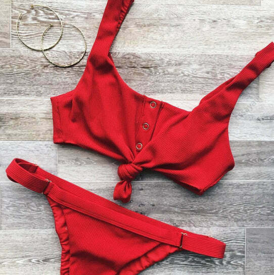 Y2K Aesthetic Ribbed Bikini Set with Sexy Knotted Scoop - Women's Fashion