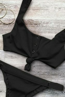 Y2K Aesthetic Ribbed Bikini Set with Sexy Knotted Scoop - Women's Fashion
