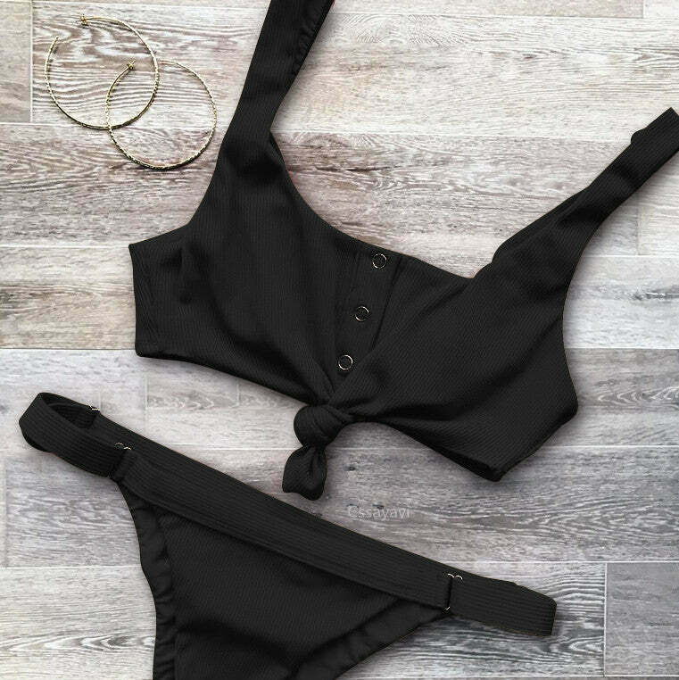 Y2K Aesthetic Ribbed Bikini Set with Sexy Knotted Scoop - Women's Fashion