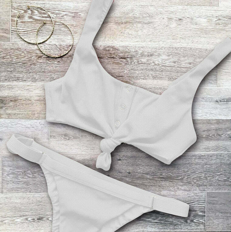 Y2K Aesthetic Ribbed Bikini Set with Sexy Knotted Scoop - Women's Fashion