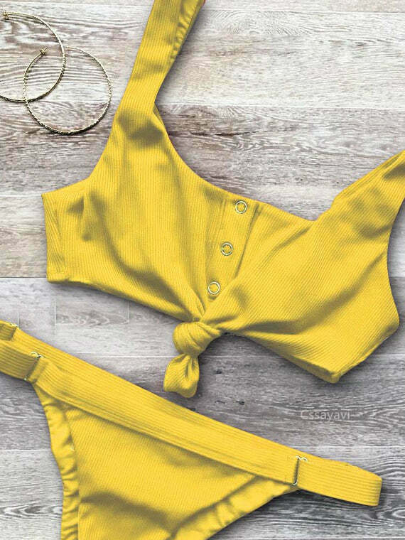 Y2K Aesthetic Ribbed Bikini Set with Sexy Knotted Scoop - Women's Fashion