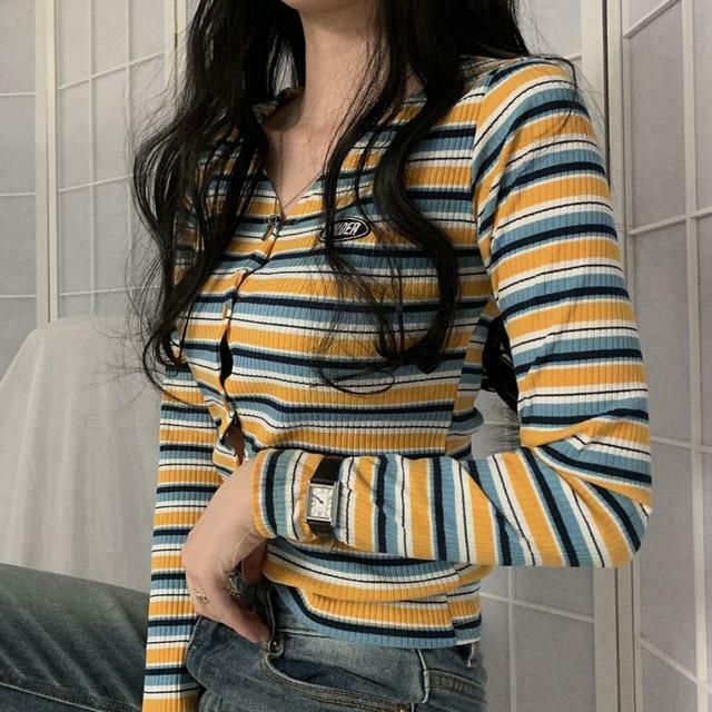 Y2K Aesthetic Ribbed Polo Shirt for Women - Coquette Style Grunge Fashion with Pastel Goth Vibes