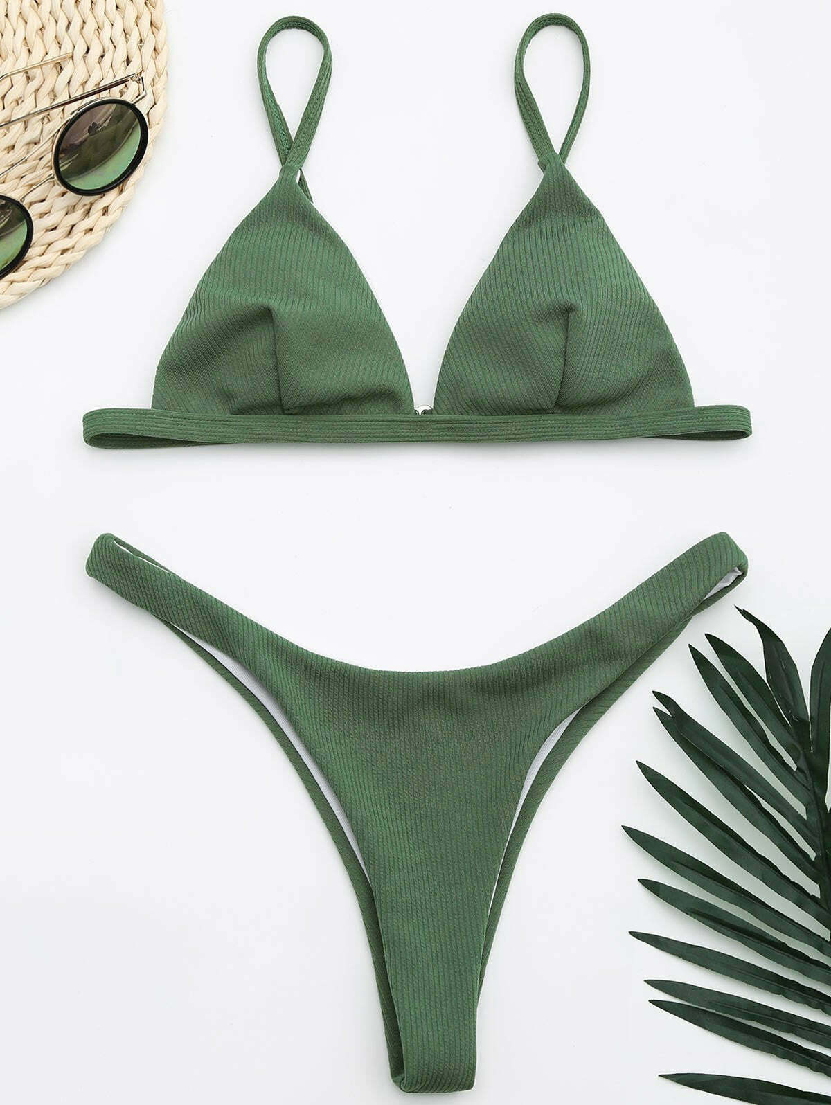 Y2K Aesthetic Ribbed Texture High Cut Thong Bikini for Women - Coquette Style Grunge Fashion