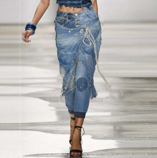 Y2K Aesthetic Ripped Lace-up Threaded Jeans - Coquette Grunge Style Cargo Skirt Outfit