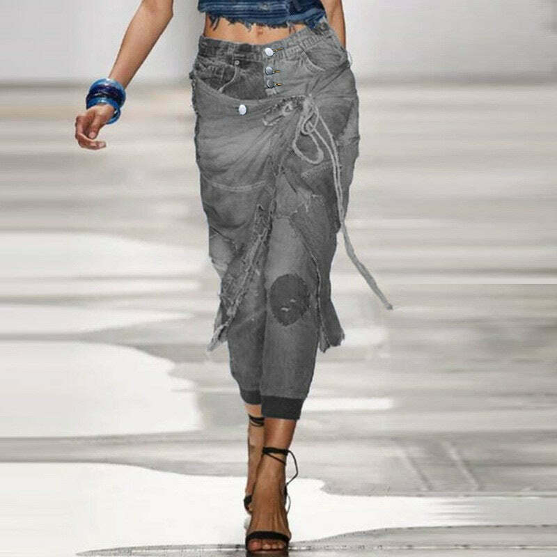 Y2K Aesthetic Ripped Lace-up Threaded Jeans - Coquette Grunge Style Cargo Skirt Outfit