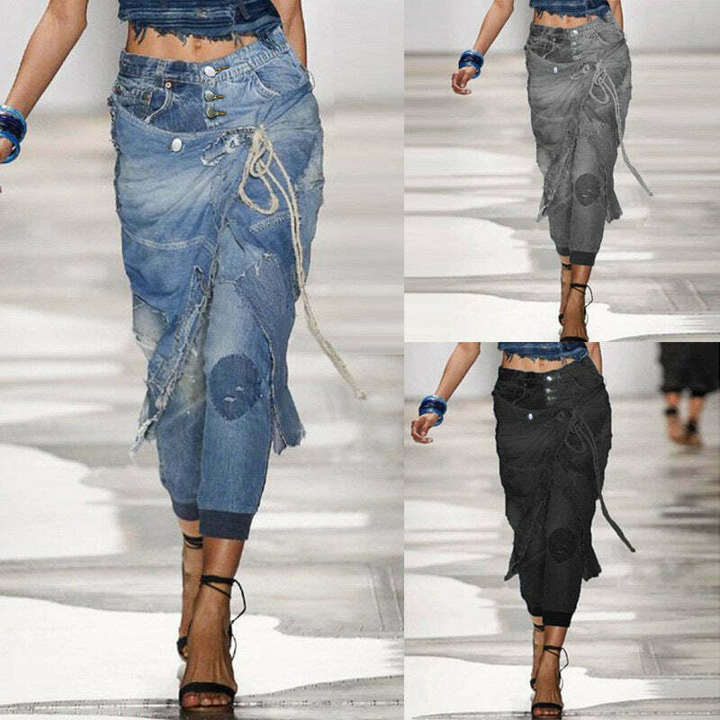 Y2K Aesthetic Ripped Lace-up Threaded Jeans - Coquette Grunge Style Cargo Skirt Outfit