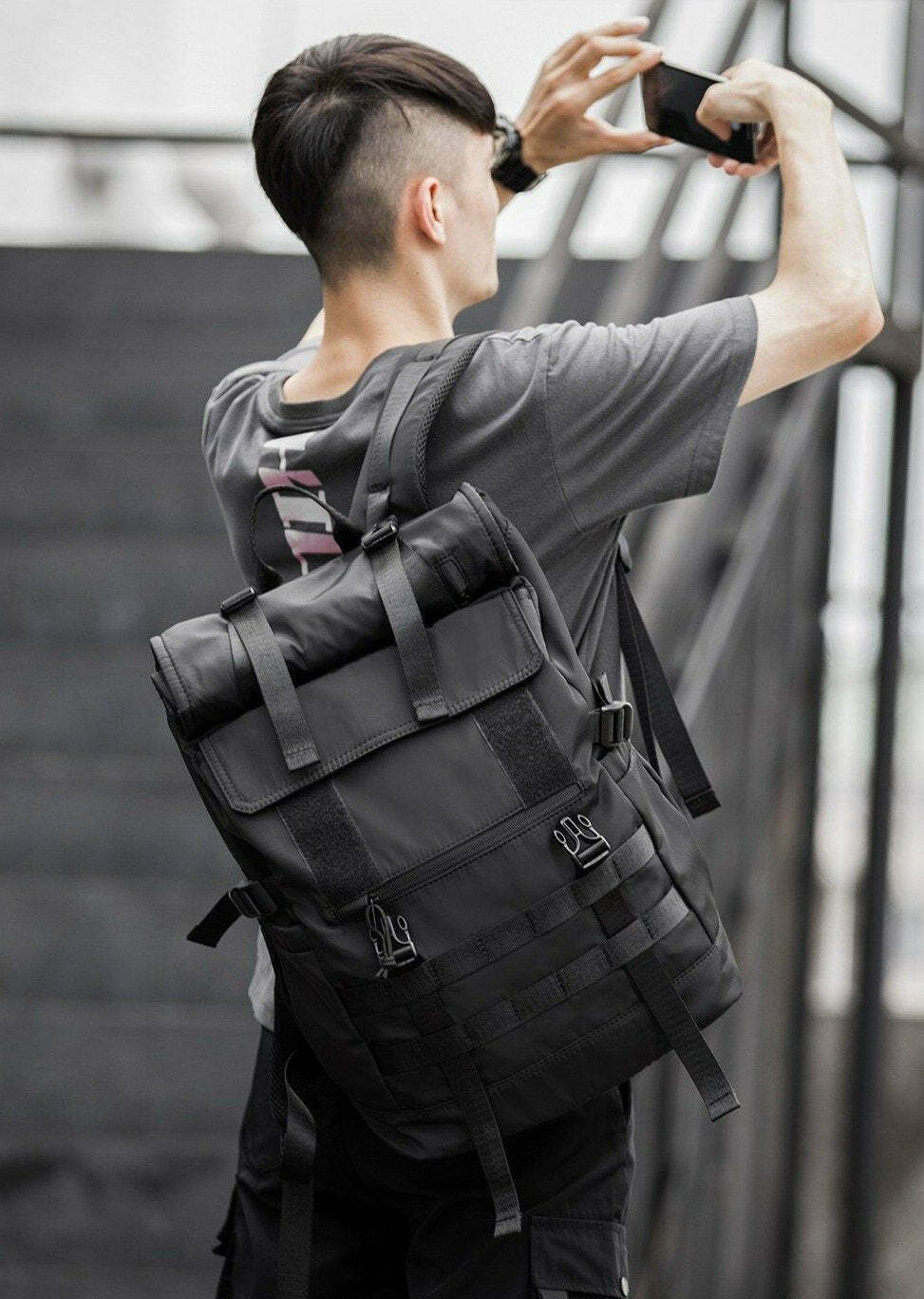 Y2K Aesthetic Roll Top Utility Strap Backpack for Niche Women Fashion