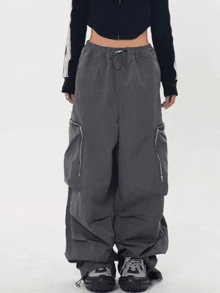 Y2K Aesthetic Ruched Cargo Pants with Zip Pocket - Coquette Grunge Style for Women