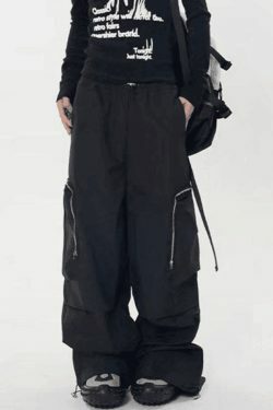 Y2K Aesthetic Ruched Cargo Pants with Zip Pocket - Coquette Grunge Style for Women